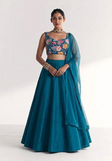 Teal Printed Crepe Lehenga Set