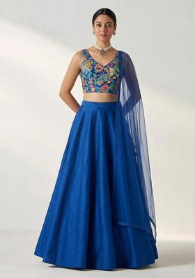 Royal Blue Printed Crepe Lehenga Set
