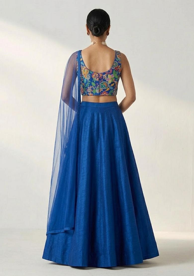 Royal Blue Printed Crepe Lehenga Set - Indya