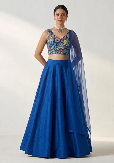 Royal Blue Printed Crepe Lehenga Set