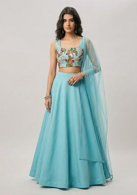 Sky Blue Printed Crepe Lehenga Set
