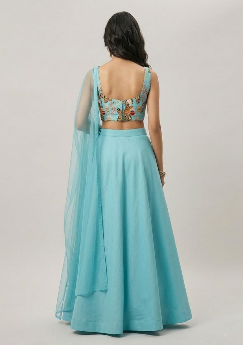 Sky Blue Printed Crepe Lehenga Set - Indya