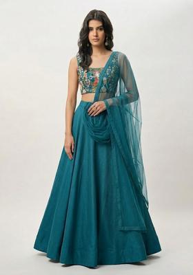 Teal Printed Crepe Lehenga Set