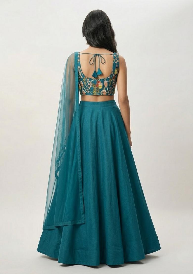 Teal Printed Crepe Lehenga Set - Indya