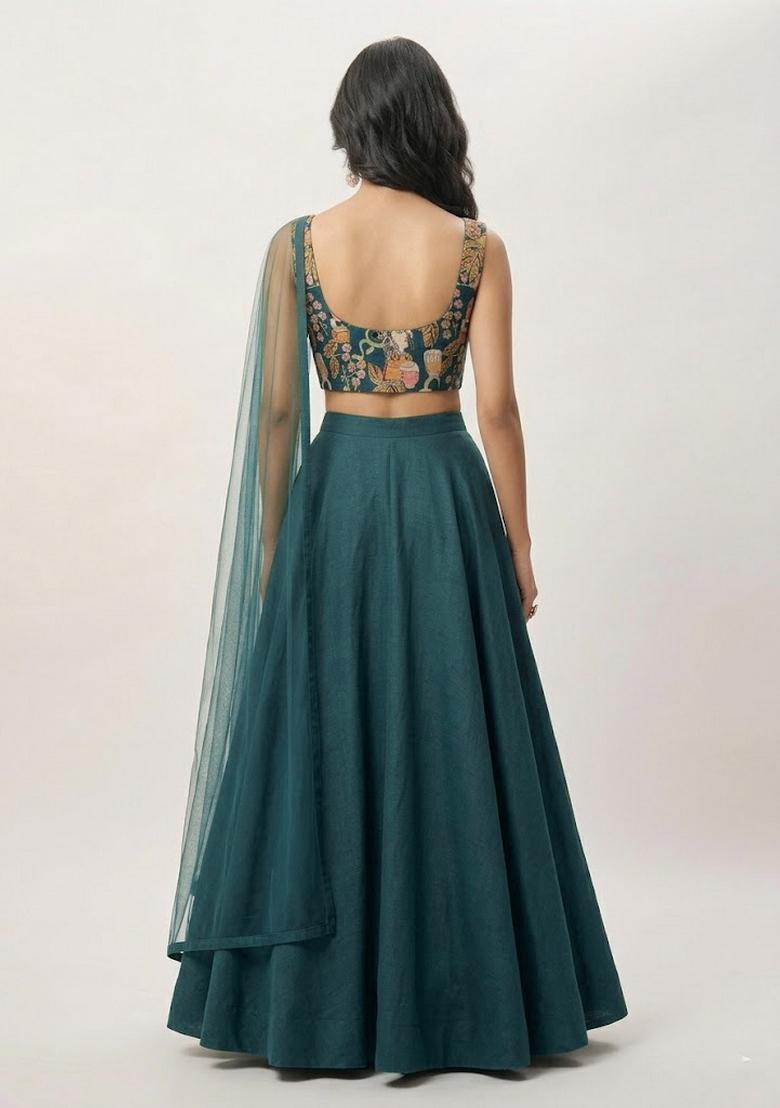 Bottle Green Printed Crepe Lehenga Set - Indya