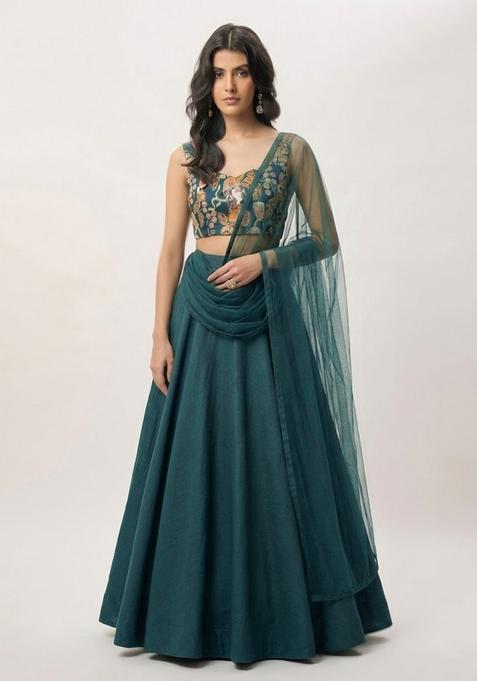 Bottle Green Printed Crepe Lehenga Set