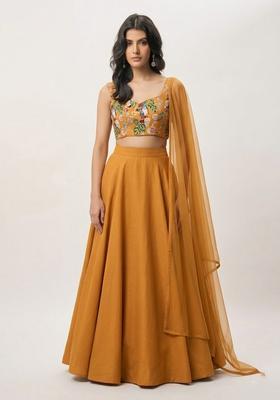 Mustard Printed Crepe Lehenga Set