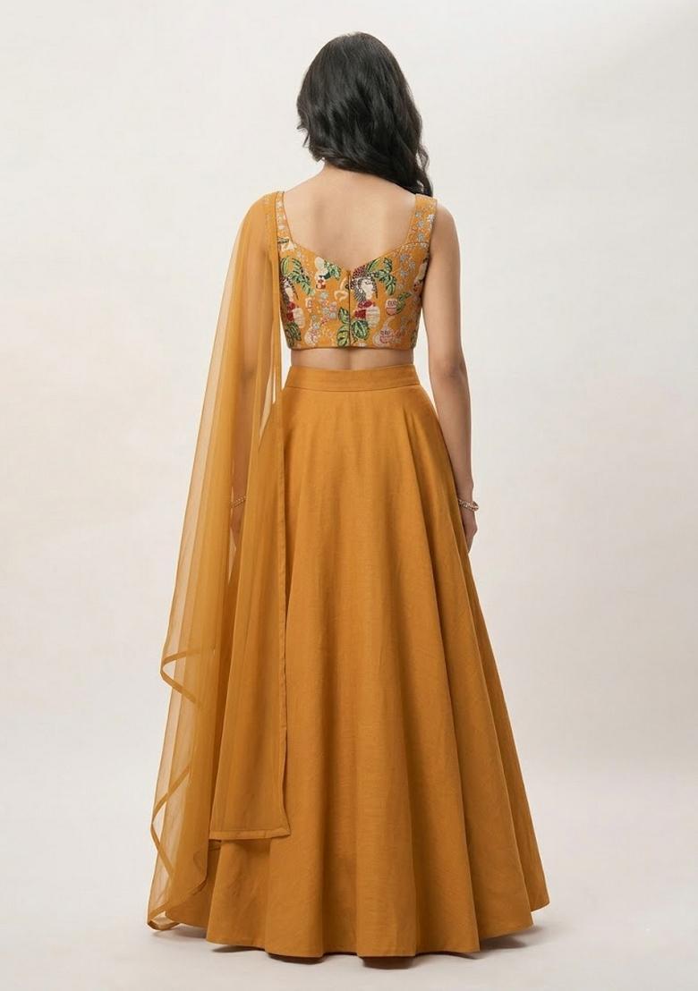 Mustard Printed Crepe Lehenga Set - Indya