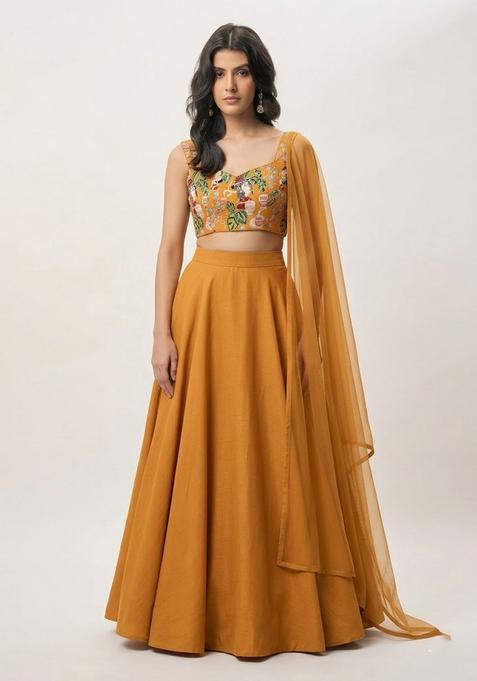 Mustard Embroidered Silk Blend Lehenga Set