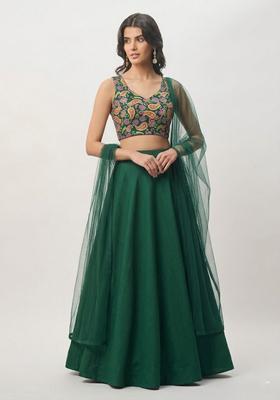 Bottle Green Printed Crepe Lehenga Set