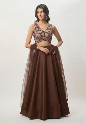 Chocolate Brown Printed Crepe Lehenga Set