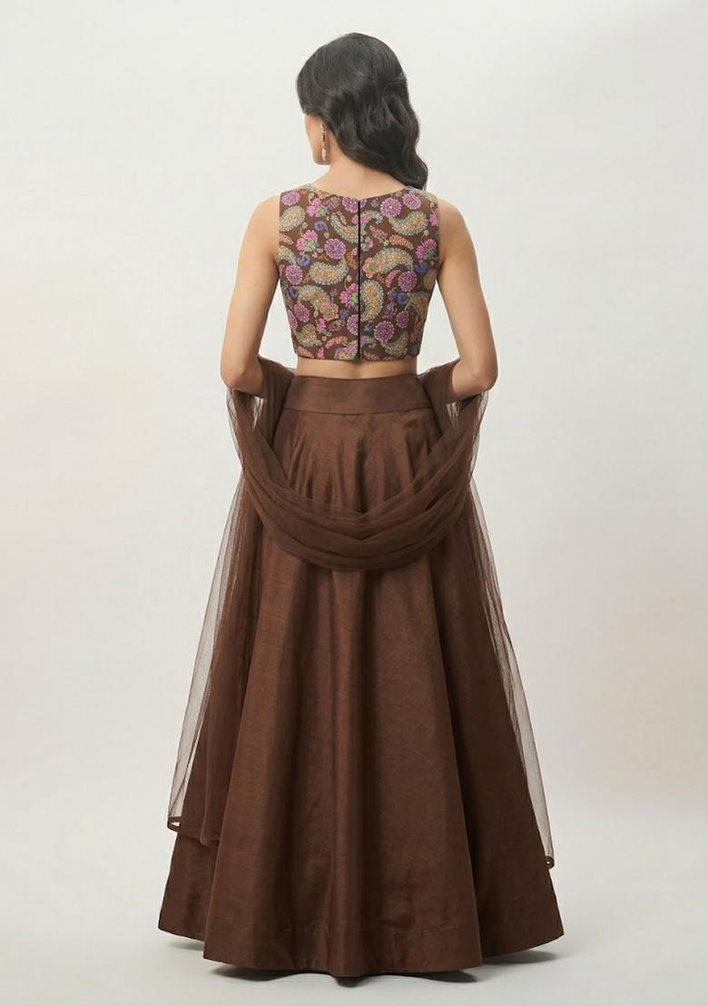 Chocolate Brown Printed Crepe Lehenga Set - Indya