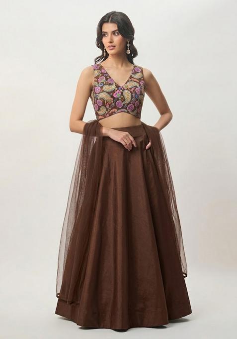 Chocolate Brown Printed Crepe Lehenga Set