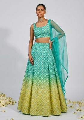 Olive Green Printed Silk Blend Lehenga Set