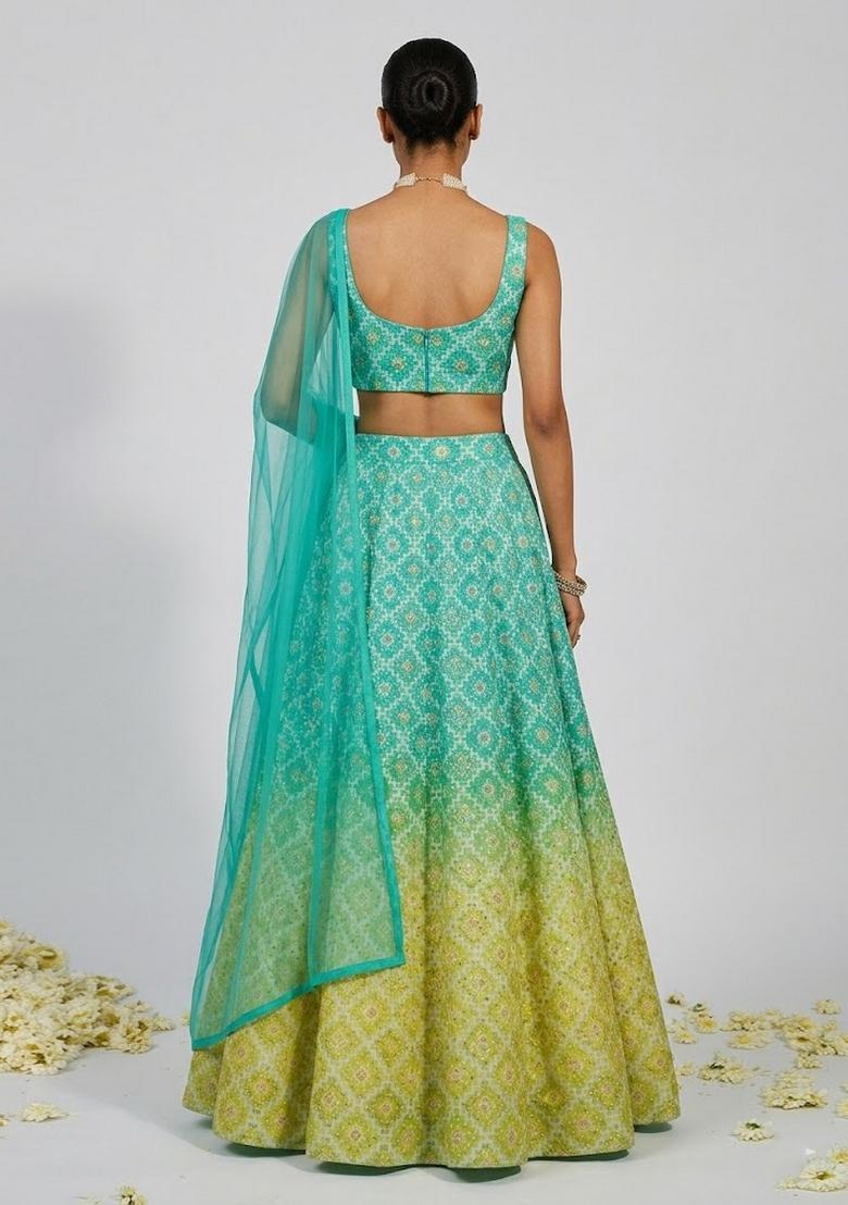 Olive Green Printed Silk Blend Lehenga Set - Indya