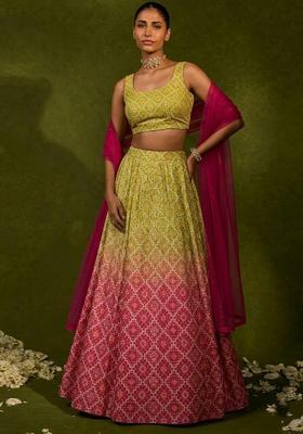 Lime Green Pink Printed Silk Blend Lehenga Set