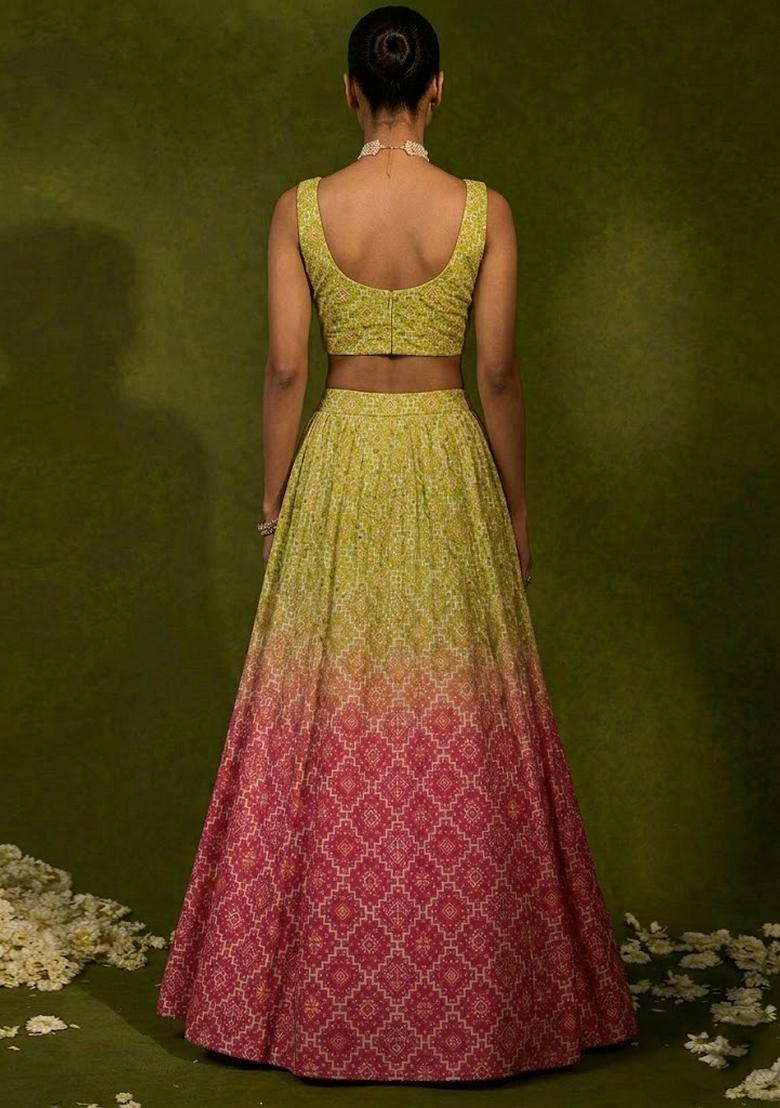 Lime Green Pink Printed Silk Blend Lehenga Set - Indya