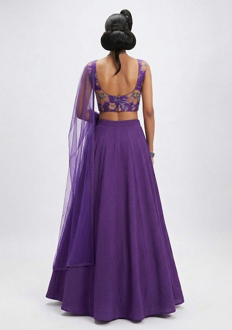 Purple Printed Organza Lehenga Set - Indya