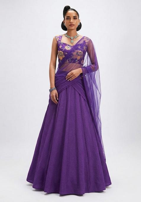 Purple Printed Organza Lehenga Set