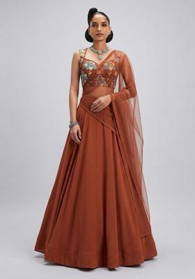 Rust Printed Poly Blend Lehenga Set