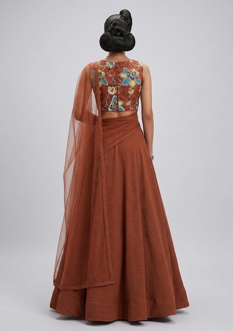 Rust Printed Poly Blend Lehenga Set - Indya