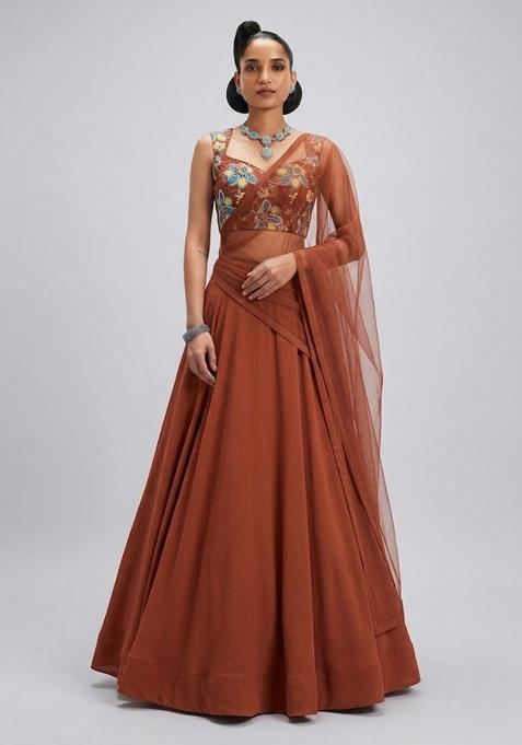 Rust Printed Poly Blend Lehenga Set
