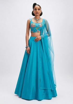 Teal Printed Organza Lehenga Set