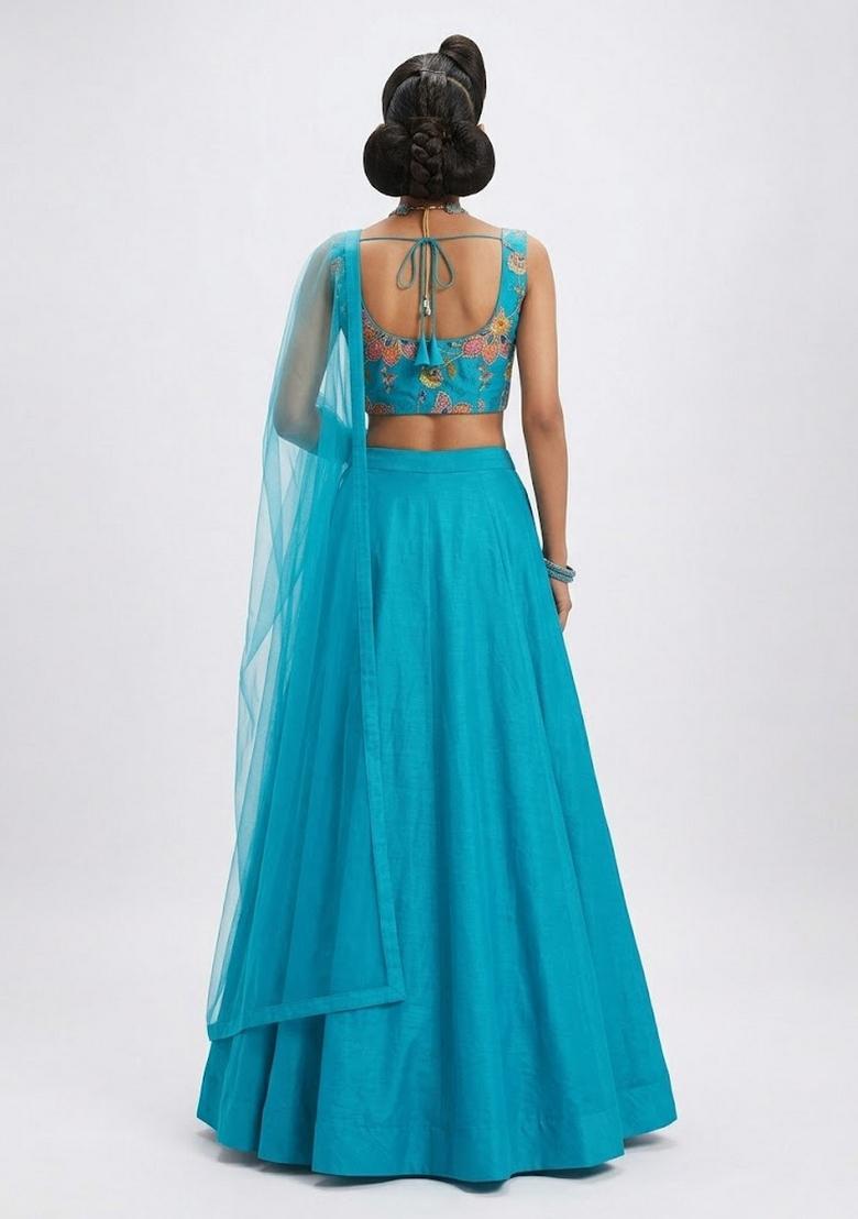 Teal Printed Organza Lehenga Set - Indya