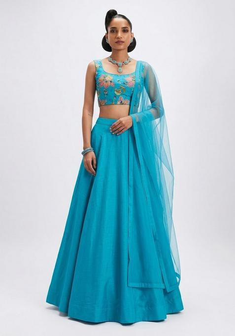 Teal Printed Organza Lehenga Set