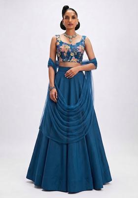 Royal Blue Printed Organza Lehenga Set