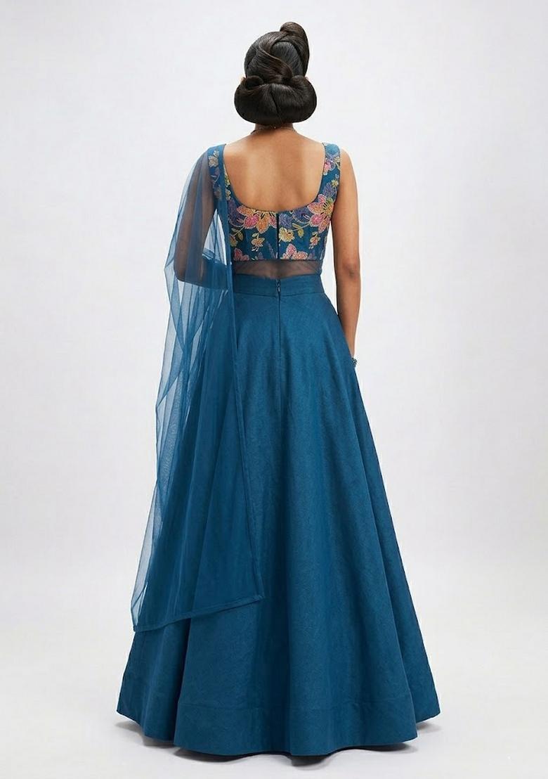 Royal Blue Printed Organza Lehenga Set - Indya
