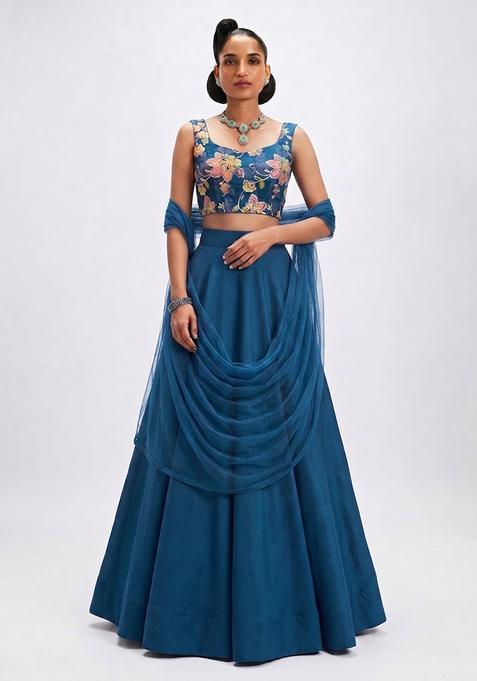 Royal Blue Printed Organza Lehenga Set