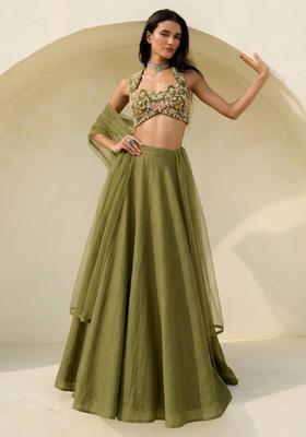 Olive Green Printed Crepe Lehenga Set