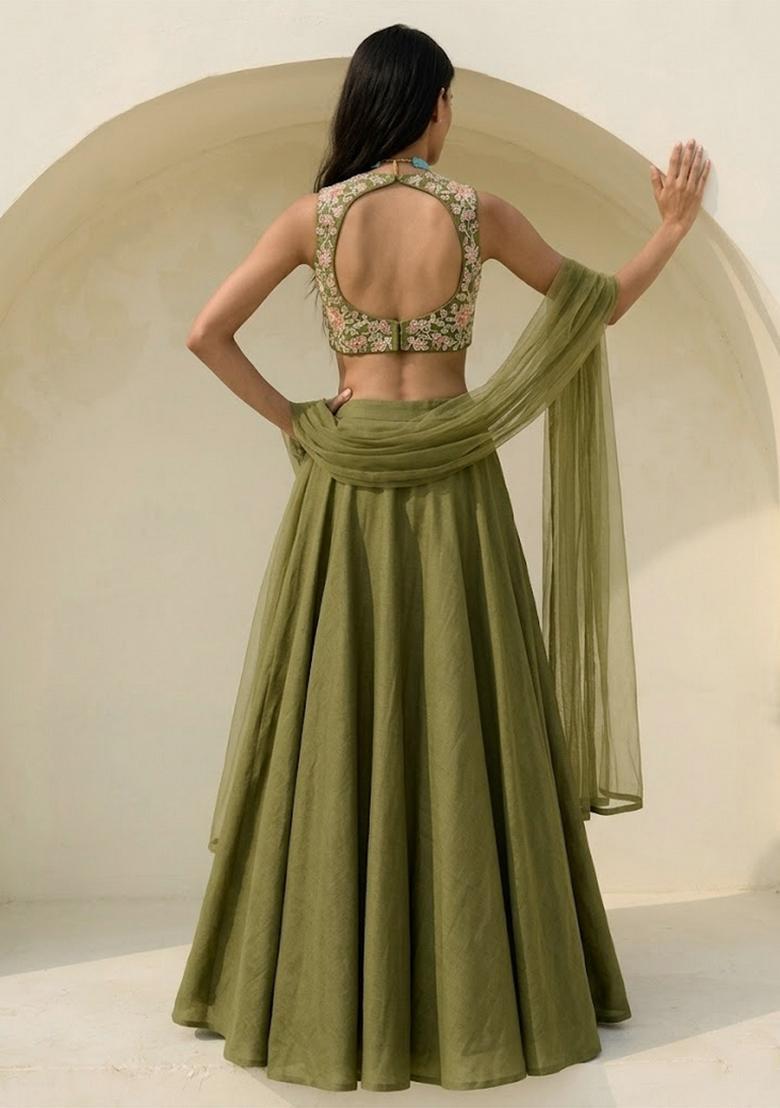 Olive Green Printed Crepe Lehenga Set - Indya