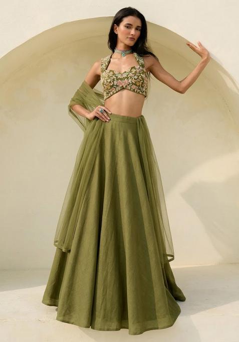 Olive Green Printed Crepe Lehenga Set