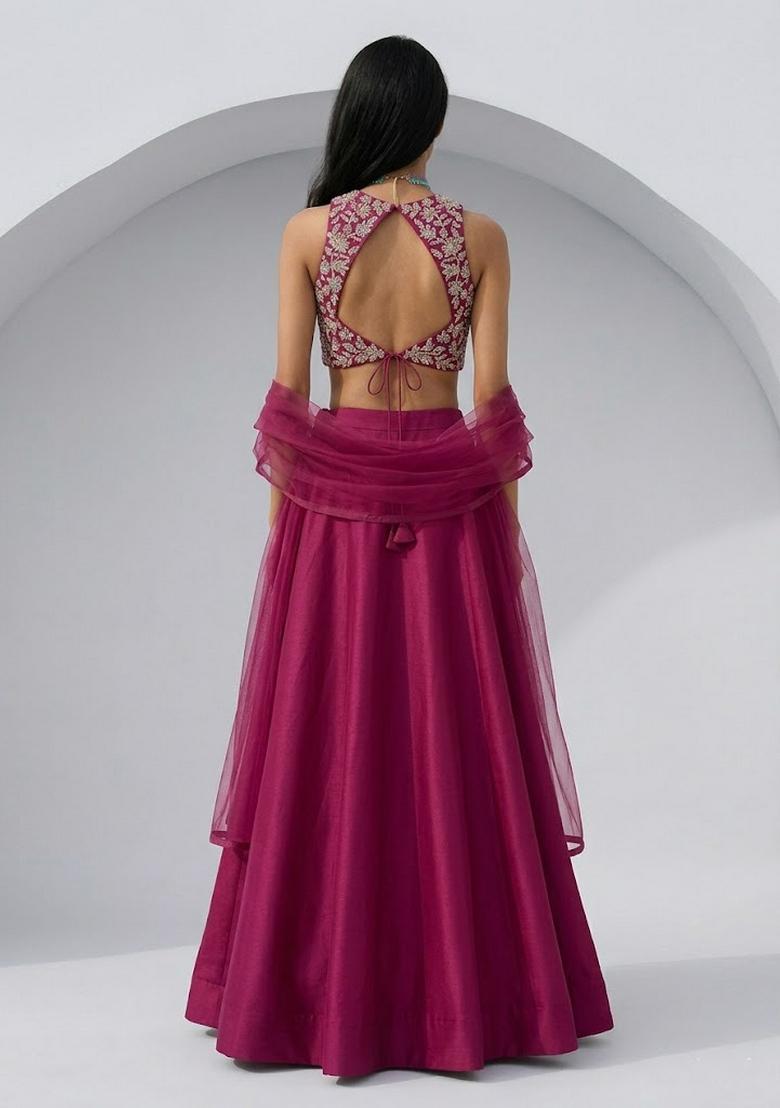 Rani Pink Printed Crepe Lehenga Set - Indya