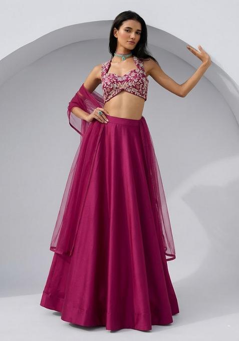 Rani Pink Printed Crepe Lehenga Set