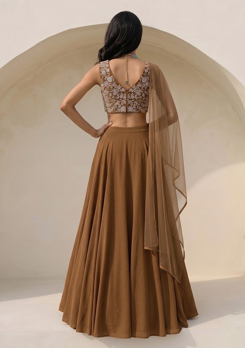 Rust Printed Crepe Lehenga Set - Indya