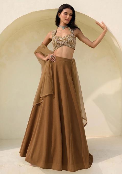Rust Printed Crepe Lehenga Set