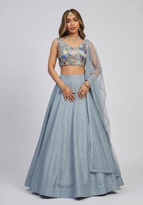 Steel Blue Jacquard Brocade Lehenga Set