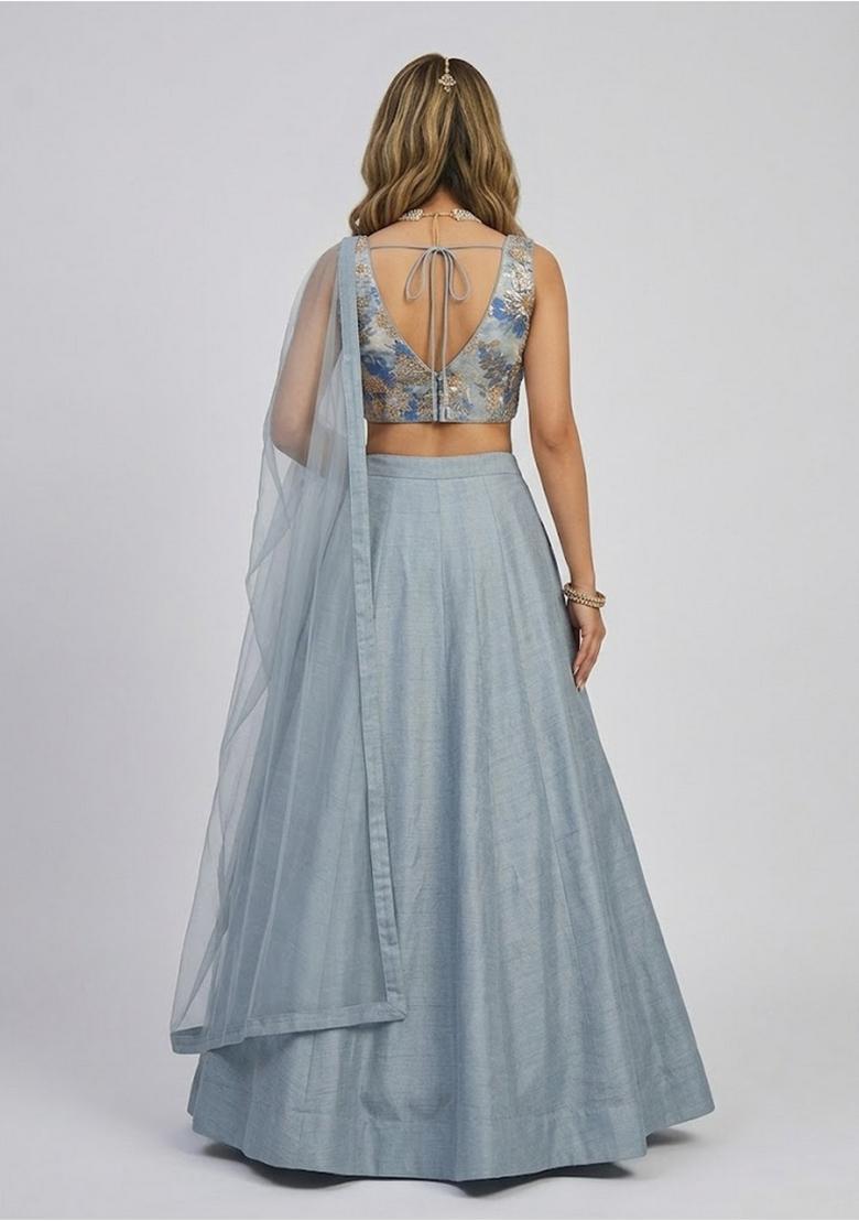 Steel Blue Jacquard Brocade Lehenga Set - Indya