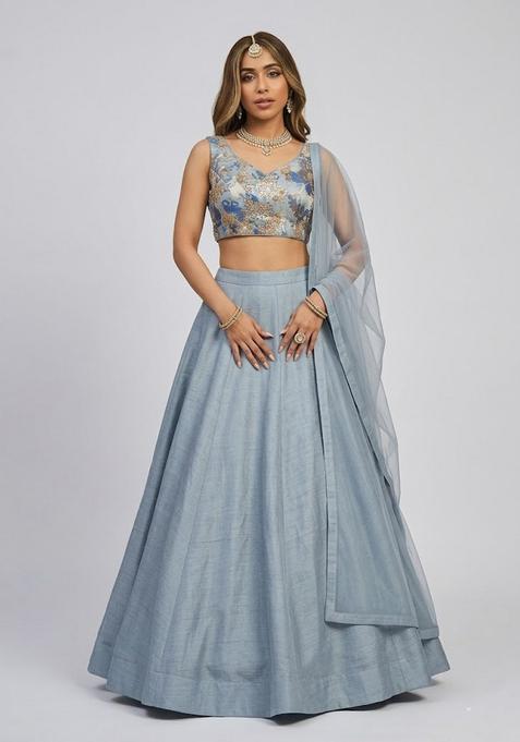 Steel Blue Jacquard Brocade Lehenga Set