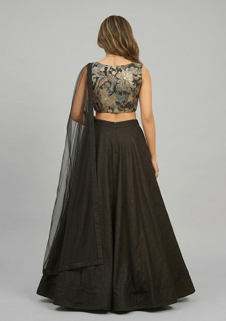Black Jacquard Brocade Lehenga Set - Indya