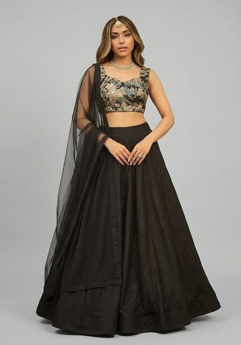Black Embroidered Handwork Silk Blend Lehenga Set