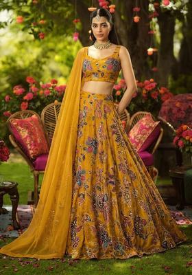 Mustard Printed Organza Lehenga Set