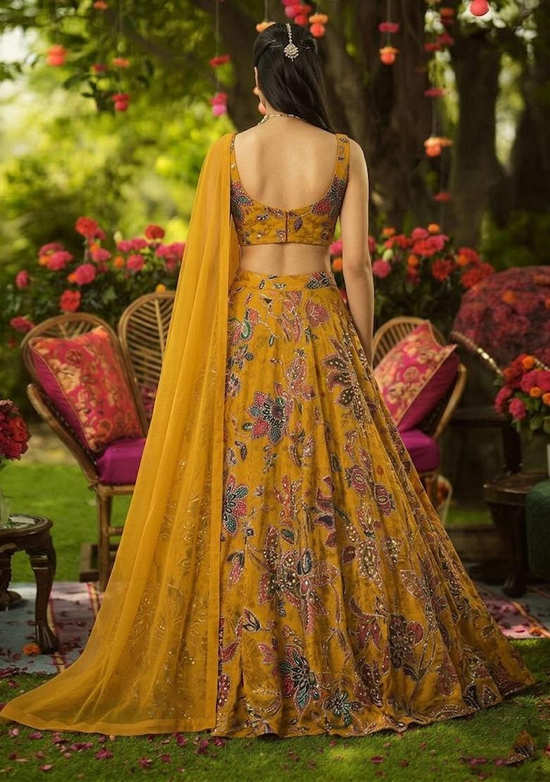 Mustard Printed Organza Lehenga Set - Indya