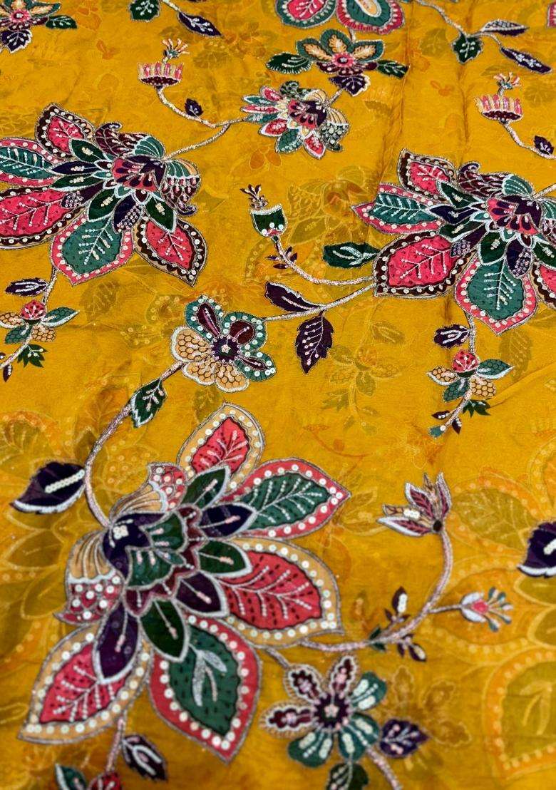 Mustard Printed Organza Lehenga Set - Indya
