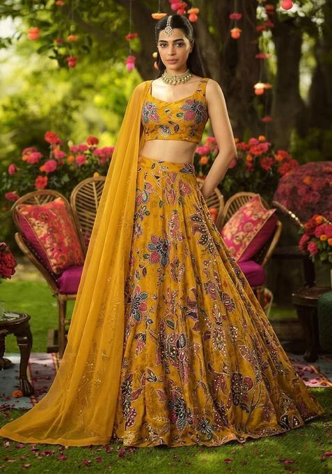 Mustard Printed Organza Lehenga Set