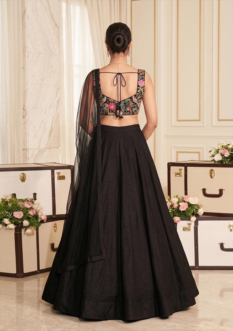 Black Printed Crepe Lehenga Set - Indya
