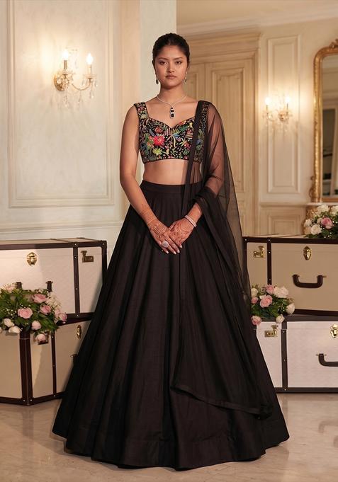 Black Embroidered Silk Blend Lehenga Set
